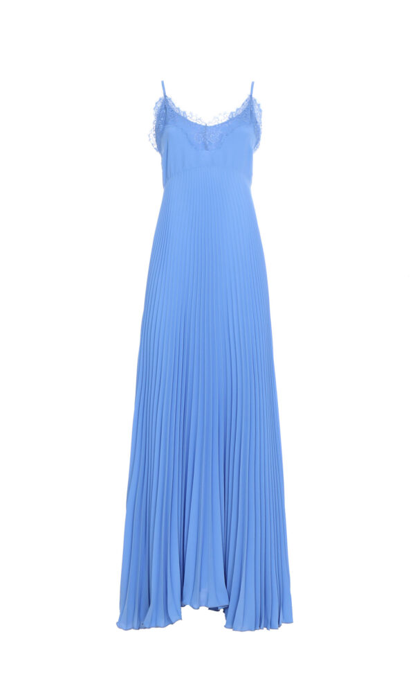PLEATED LONG DRESS WITH LACE CREPE DE CHINE