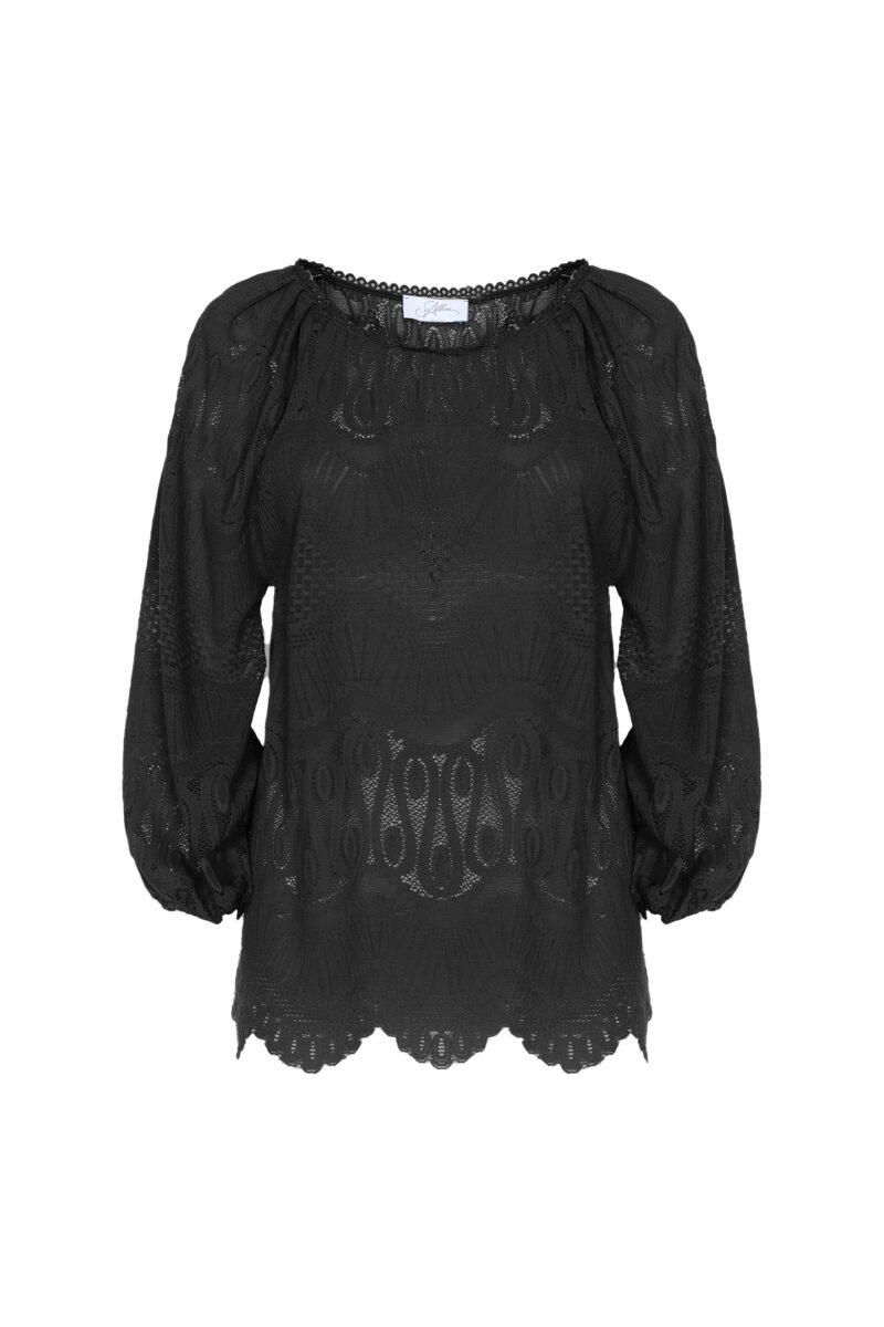 BLOUSE BOAT NECKLINE LONG SLEEVE LACE STRETCH